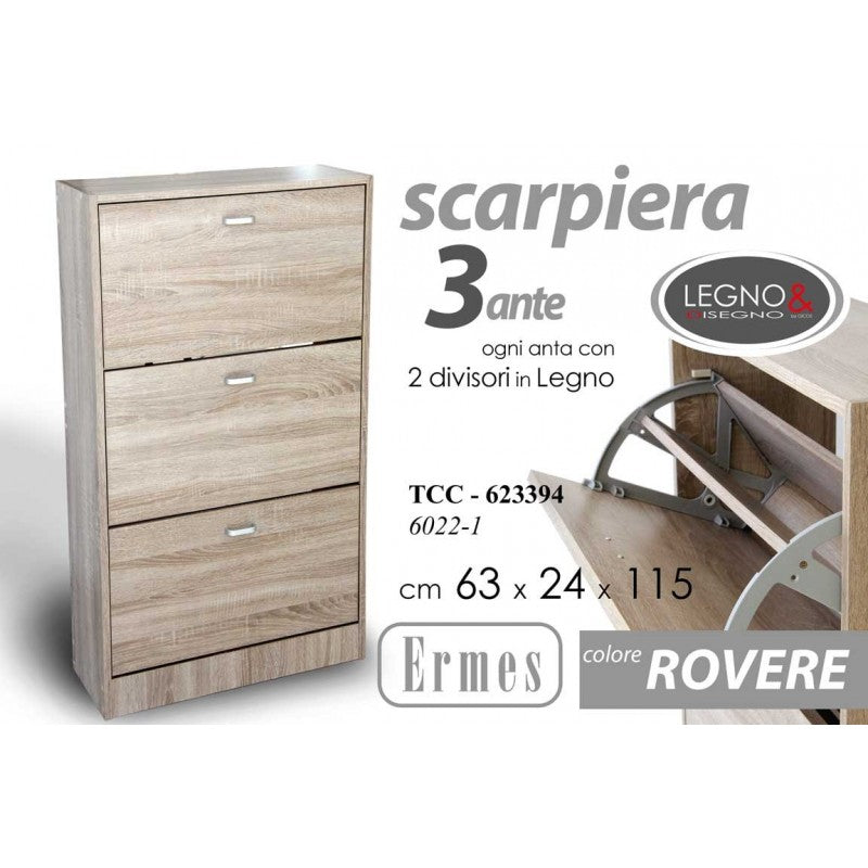 Scarpiera slim rovere tre ribalte con due divisori    cm 63 x 24 x 115 h