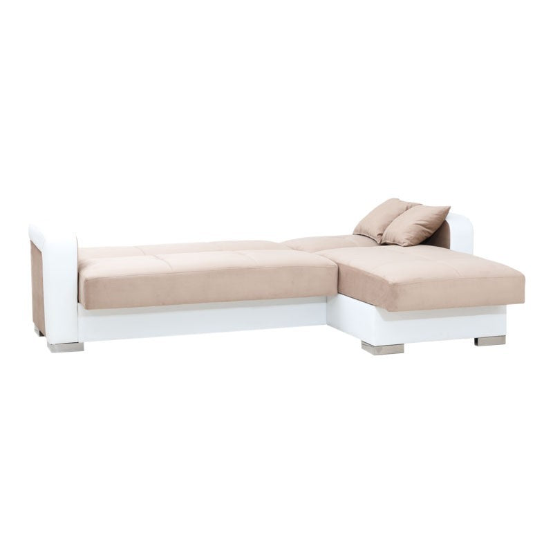 Divano letto ecolpelle bianco e tessuto beige con penisola a destra 240x140xh.88 cm EFFEZ