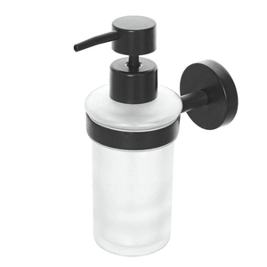 Dispenser Sapone Liquido Da Bagno Tondo Accessorio Da Parete In Acciaio Nero Opaco E Vetro Satinato Serie Chic Black