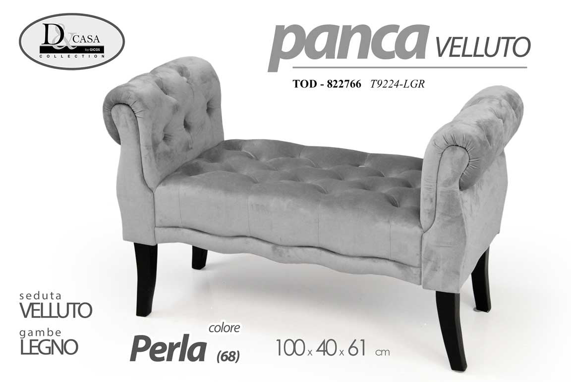 Panca in velluto grigio perla gambe in legno