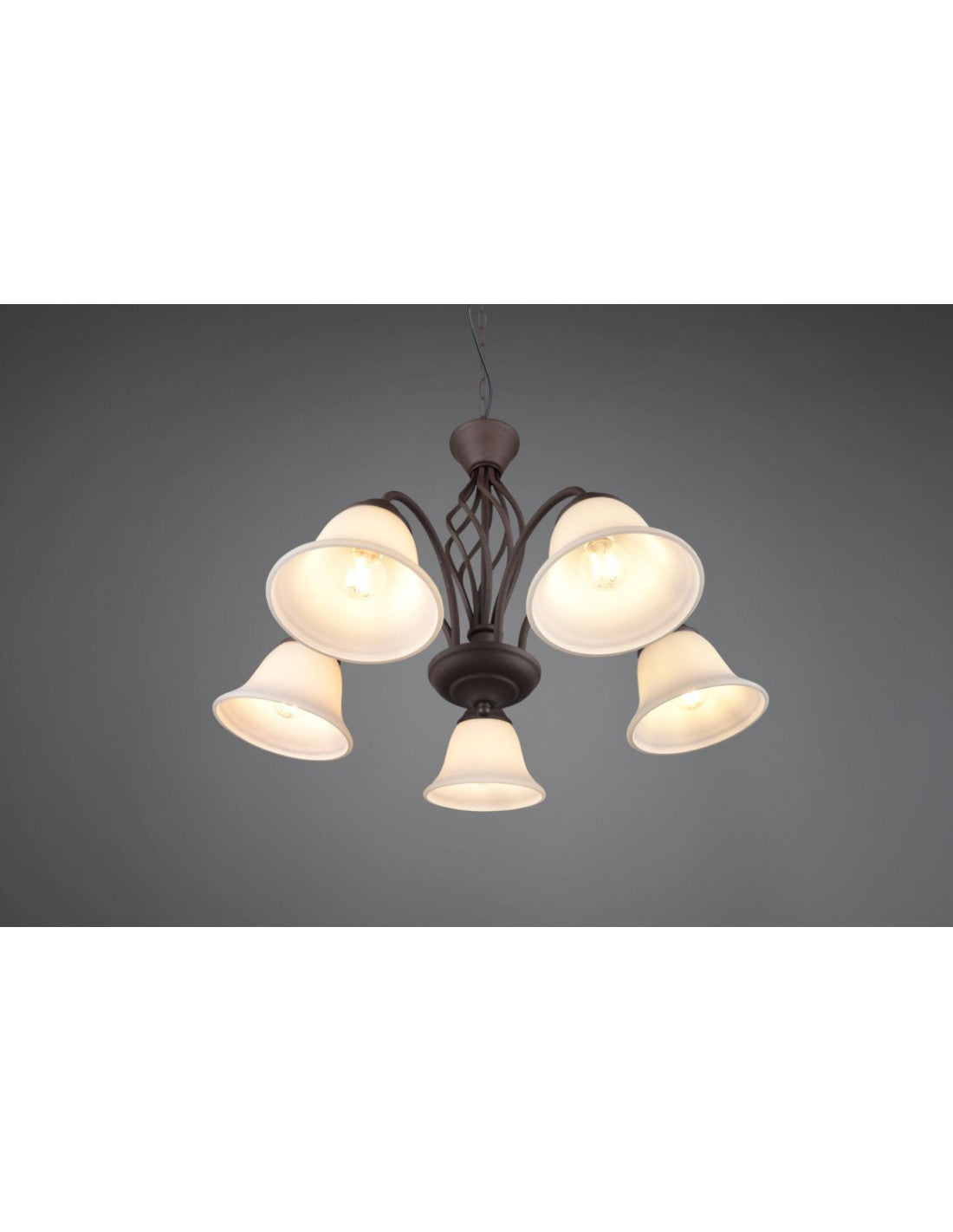 Lampadario Sospensione Rustica 5 Luci Ruggine Coppe Vetro Bianco Trio Lighting