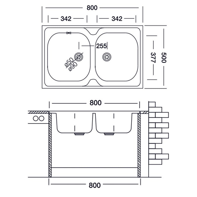 Lavello da cucina due vasche in acciaio inox da appoggio 50x80 cm EFFEZ