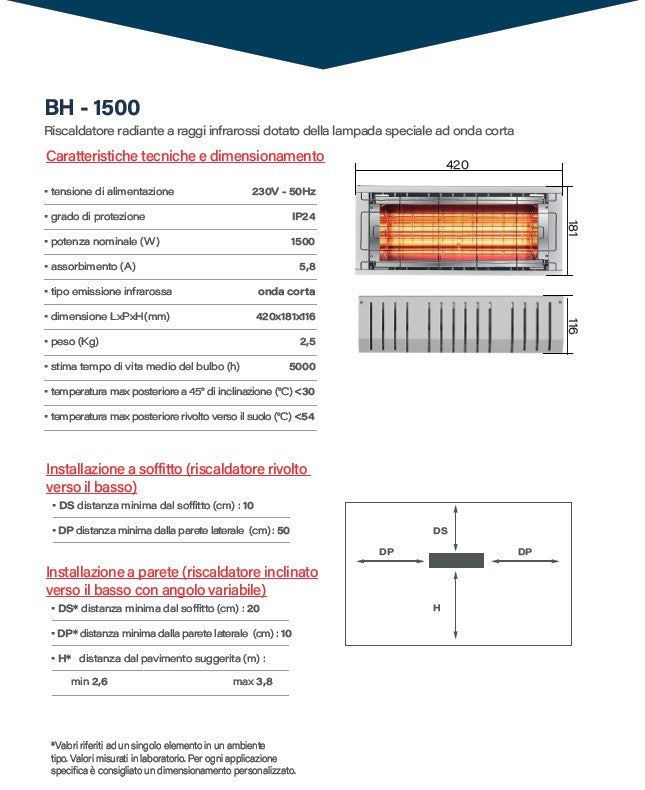 Stufa elettrica lampada riscaldatore a raggi infrarossi Made In Italy 1500 w ALBA15-W Professionale Industriale