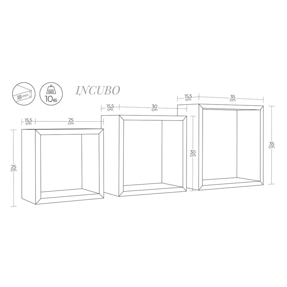 Set di 3 Mensole da Muro MODELLO INCUBO, Cubi Arredo, Mensole Cubo, Cubi da Parete. Misure 35x35 p15.5 cm 30x30 p15.5 cm e 25x25 p15.5 cm. Finitura  ROV. TABACCO - MADE IN ITALY