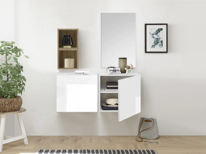 Mobile da ingresso con coppia di cubi, vani e specchio, finitura Bianco lucido e Miele, ZLCINGMIEL4