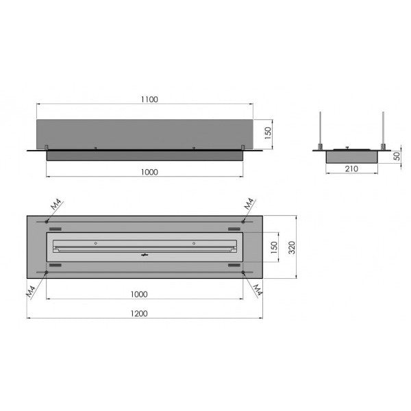 INSERT - Bruciatore/Inserto a bioetanolo da incasso con 2 vetri Cm 120 - Bruciatore Lineare 100cm / Capienza 3L - 22 kg