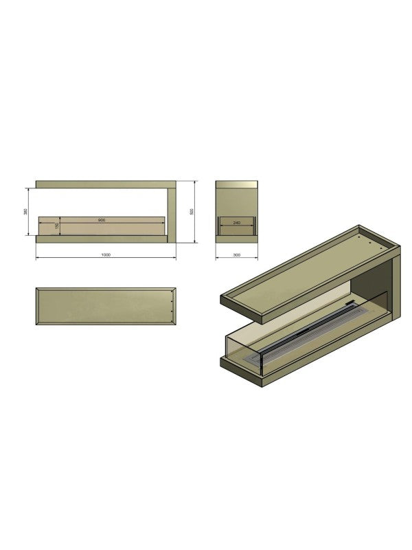 INSIDE 1100.2 - Biocamino angolare da incasso con vetro protettivo. Apertura Sinistra -  Capienza Bruciatore 2L