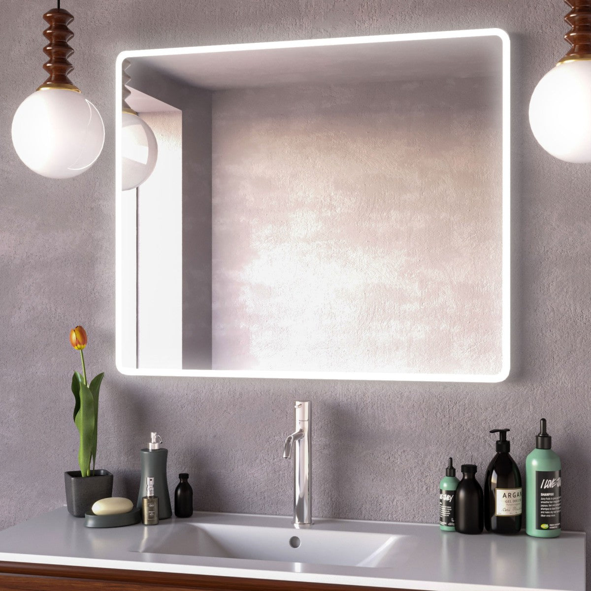 Specchio da bagno rettangolare angoli stondati retroilluminato uno, misura 90x75