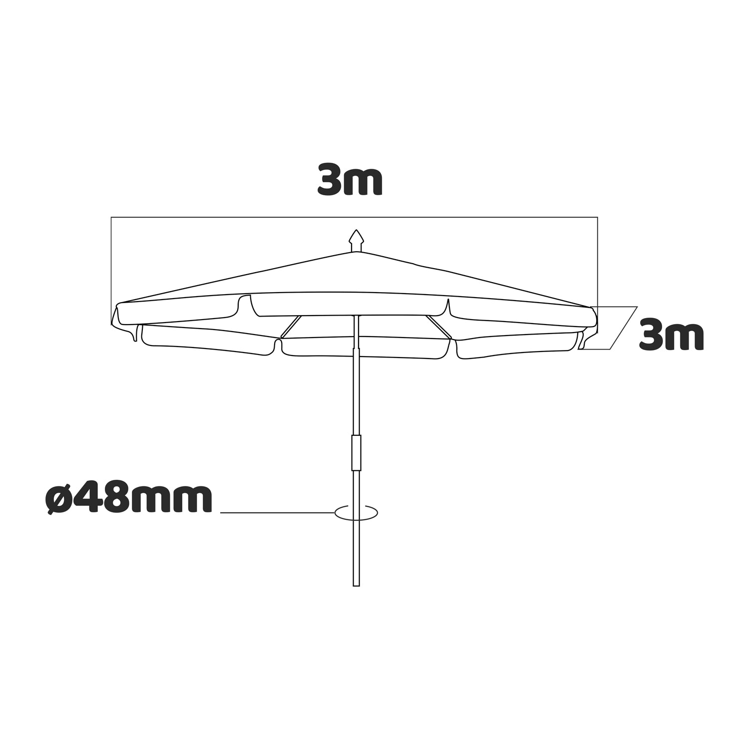 IRUY - Ombrellone da giardino 3x3 metri quadrato con palo da Ø 48mm in legno naturale e telo in poliestere ecrù con bordura da 50mm. 300x300x260H cm