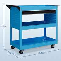 Carrello Porta Attrezzi con Manico Laterale 3 Ripiani e Cassetto 82x35x76 cm in Acciaio Blu