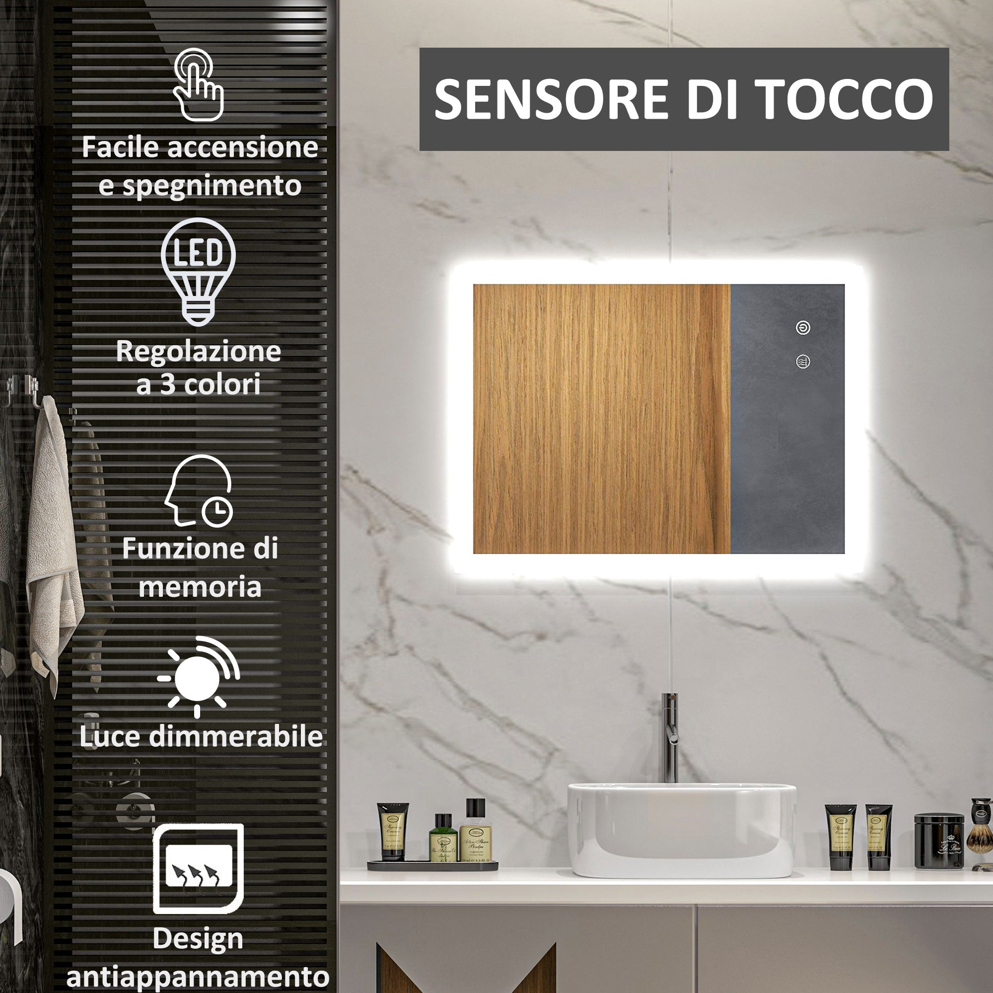 Specchio da Bagno 80x60x3 cm con LED 3 Colori Regolabili in Metallo e Vetro