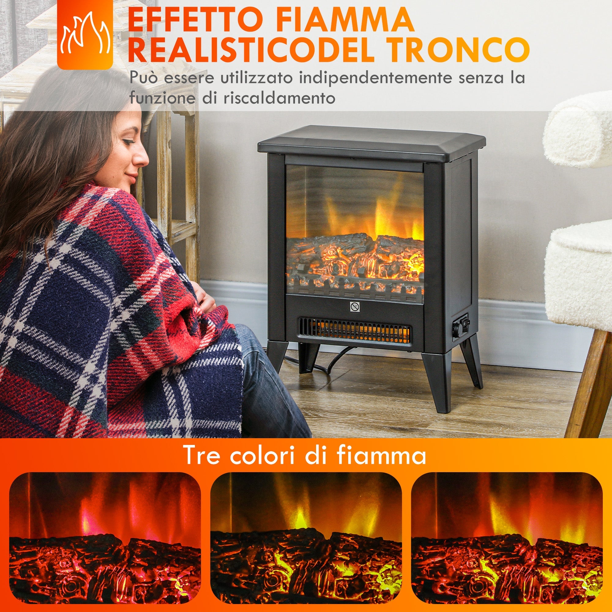 Camino Elettrico da Pavimento 1800W con Fiamma a 3 Intensità 36x21x47 cm Nero