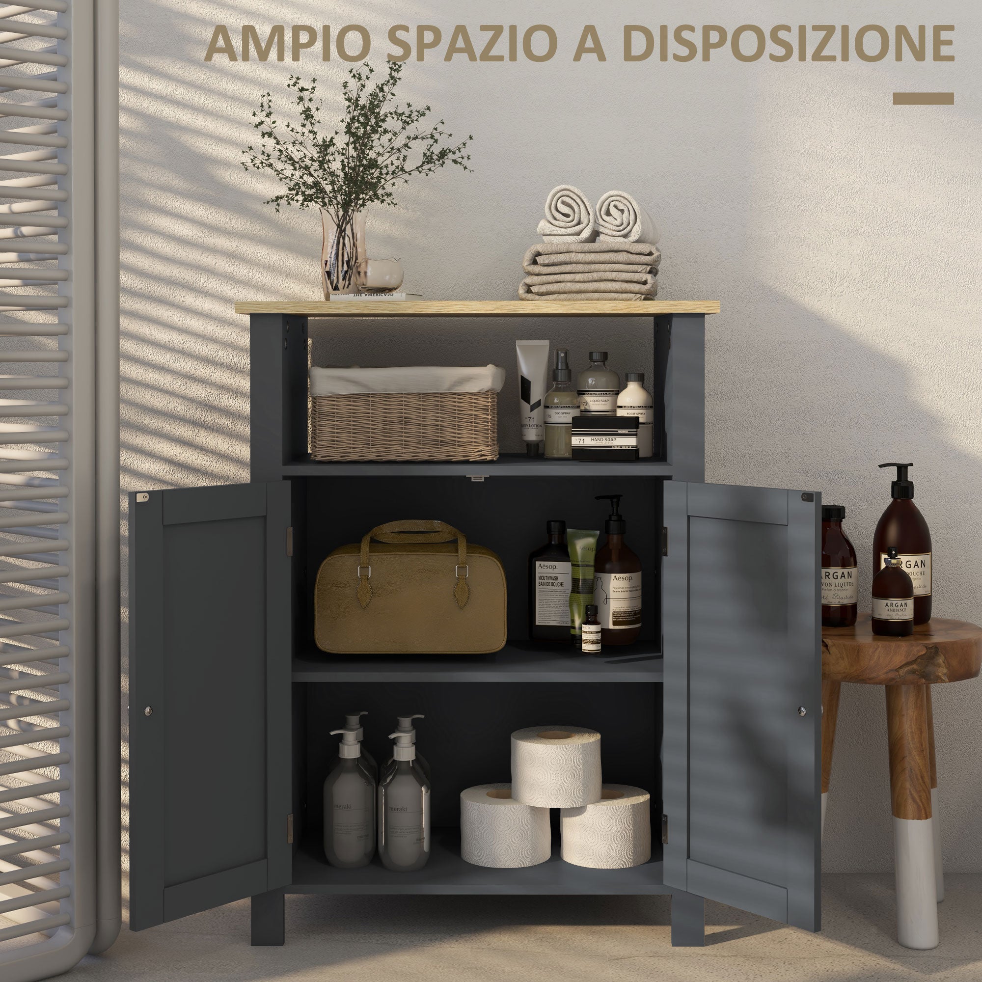 Mobiletto Bagno 3 Ripiani 60x30x80,5 cm in MDF e Truciolato Grigio