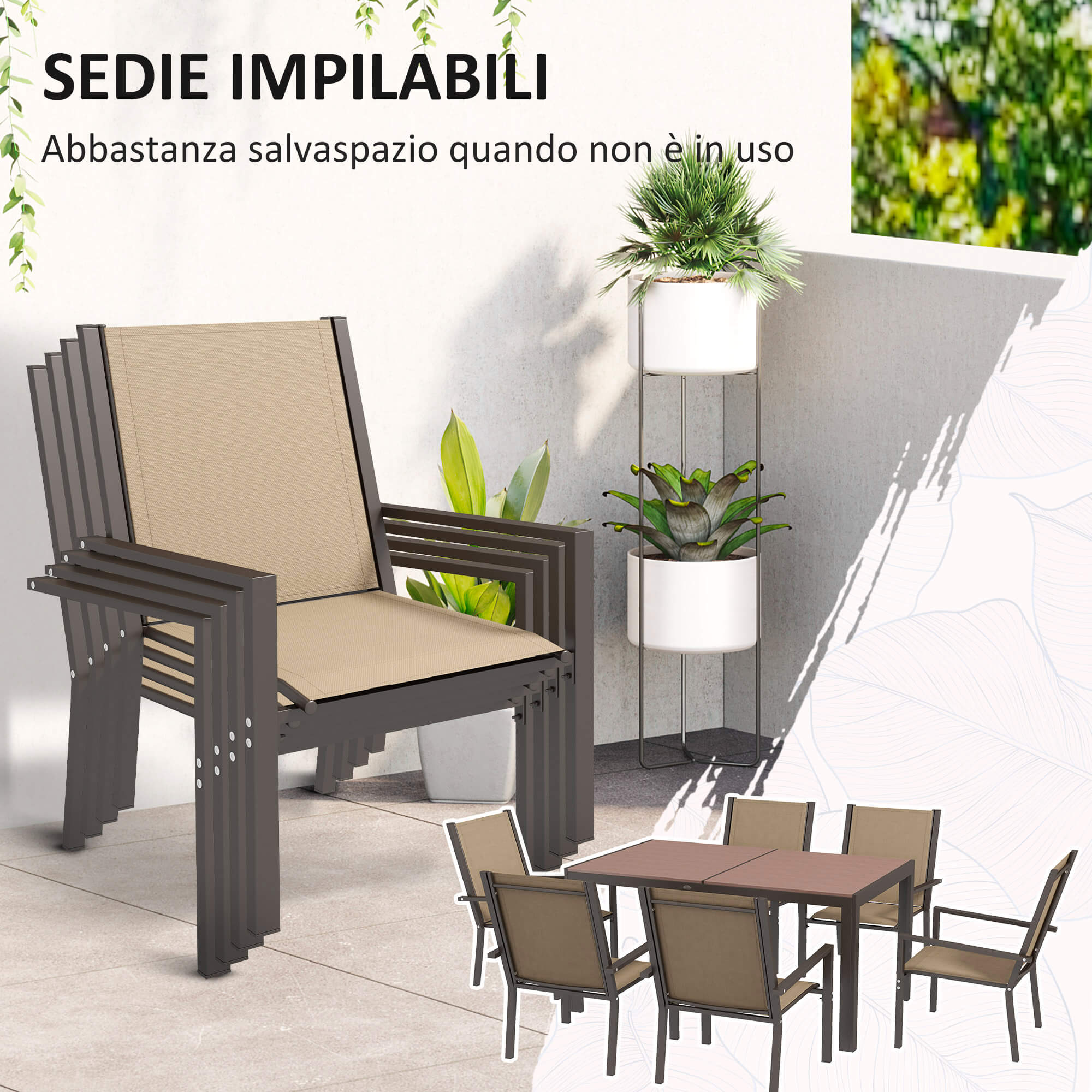 Set Tavolo e 6 Sedie Impilabili da Giardino in Plastica Kaki e Marrone