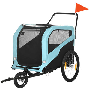 Rimorchio Bici per Cani 30kg max con 2 Ingressi e Tasche Portaoggetti  in Acciaio e Tessuto Oxford Blu