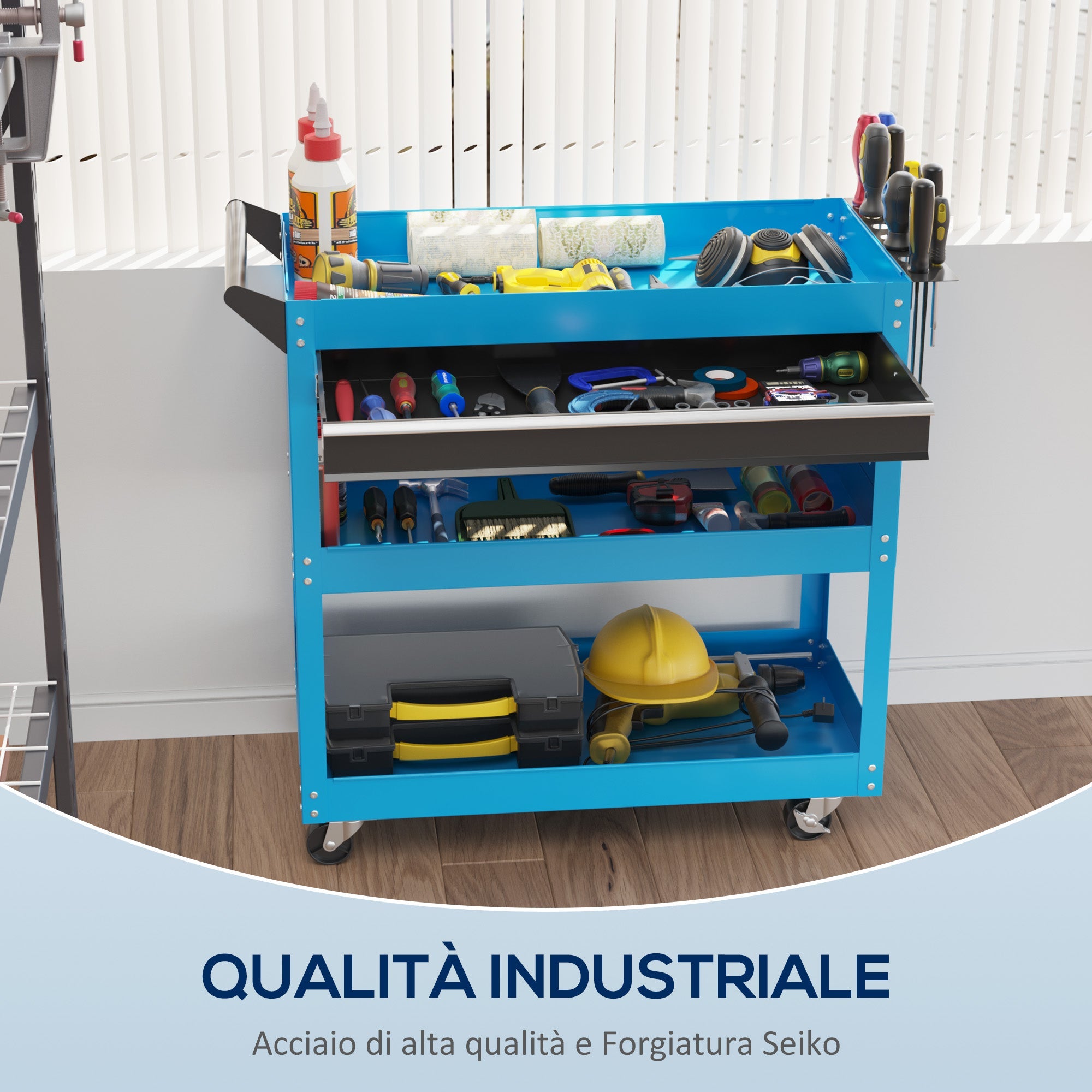 Carrello Porta Attrezzi con Manico Laterale 3 Ripiani e Cassetto 82x35x76 cm in Acciaio Blu