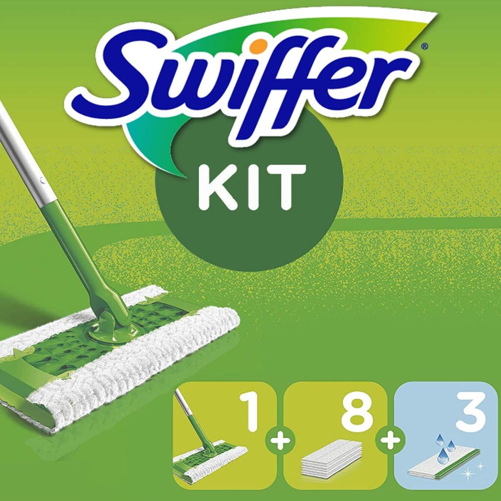 Swiffer scopa cattura polvere confezione da 1 manico & 8 panni asciutti & 3 panni umidi