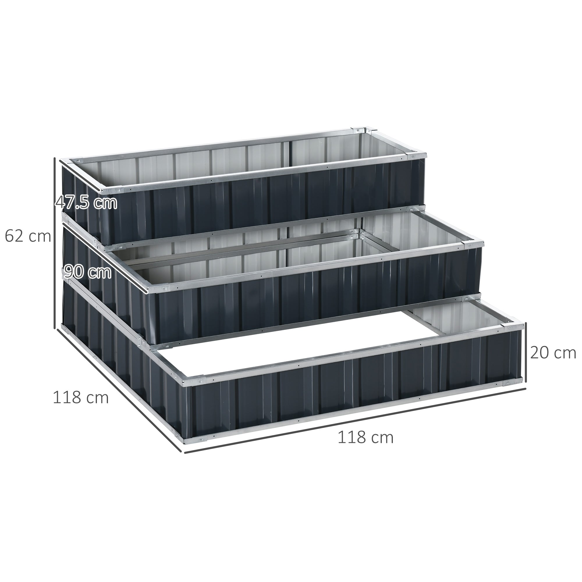 Orto Rialzato a 3 Livelli Modulabile e a Fondo Aperto 118x118x62 cm in Acciaio Grigio Scuro