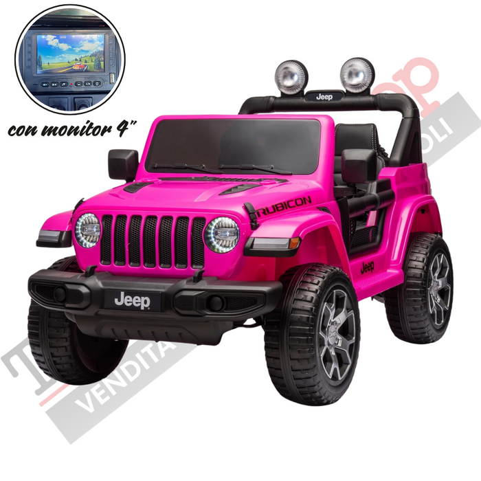 Auto Macchina Elettrica per Bambini JEEP FIAT Wrangler RUBICON 12V 2 Posti  con Monitor 4" Mp4 - Sedile in Pelle -Rosa