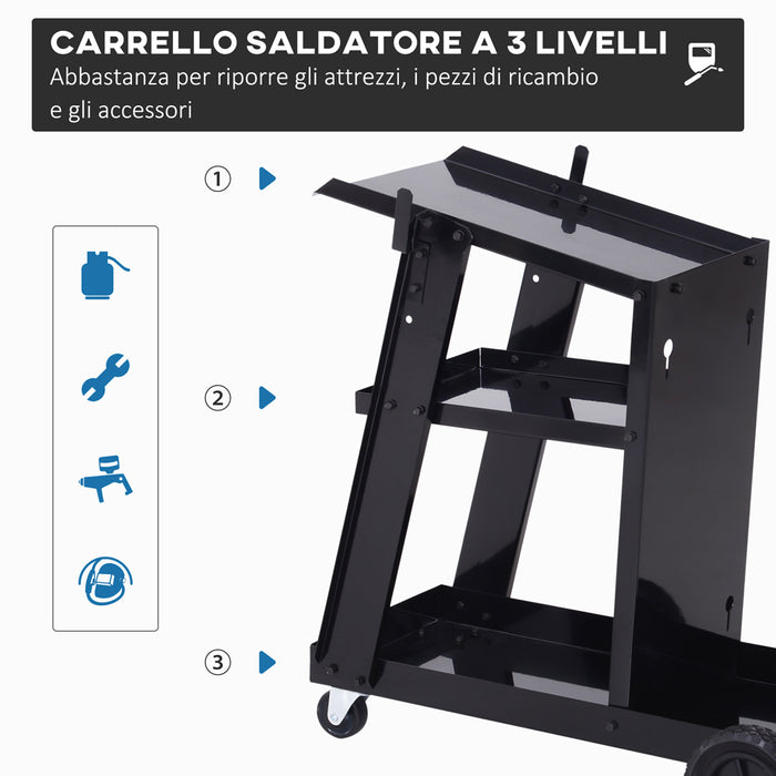 DURHAND CARRELLO SALDATURA TRASPORTO SALDATRICE 3 RIPIANI PORTA BOMBOLA ATTREZZI B20-070BK