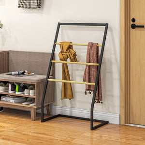 Piantana Portasciugamani da Bagno da Terra 4 Sbarre 60x35x102 cm in Bambù e Acciaio Nero