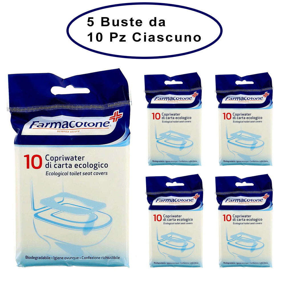 Farmacotone copriwater di carta ecologico 5 buste da 10 copriwater ciascuna