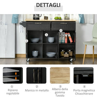 Carrello da Cucina 121x46x91 cm 2 Cassetti 3 Ante con Ruote Nero