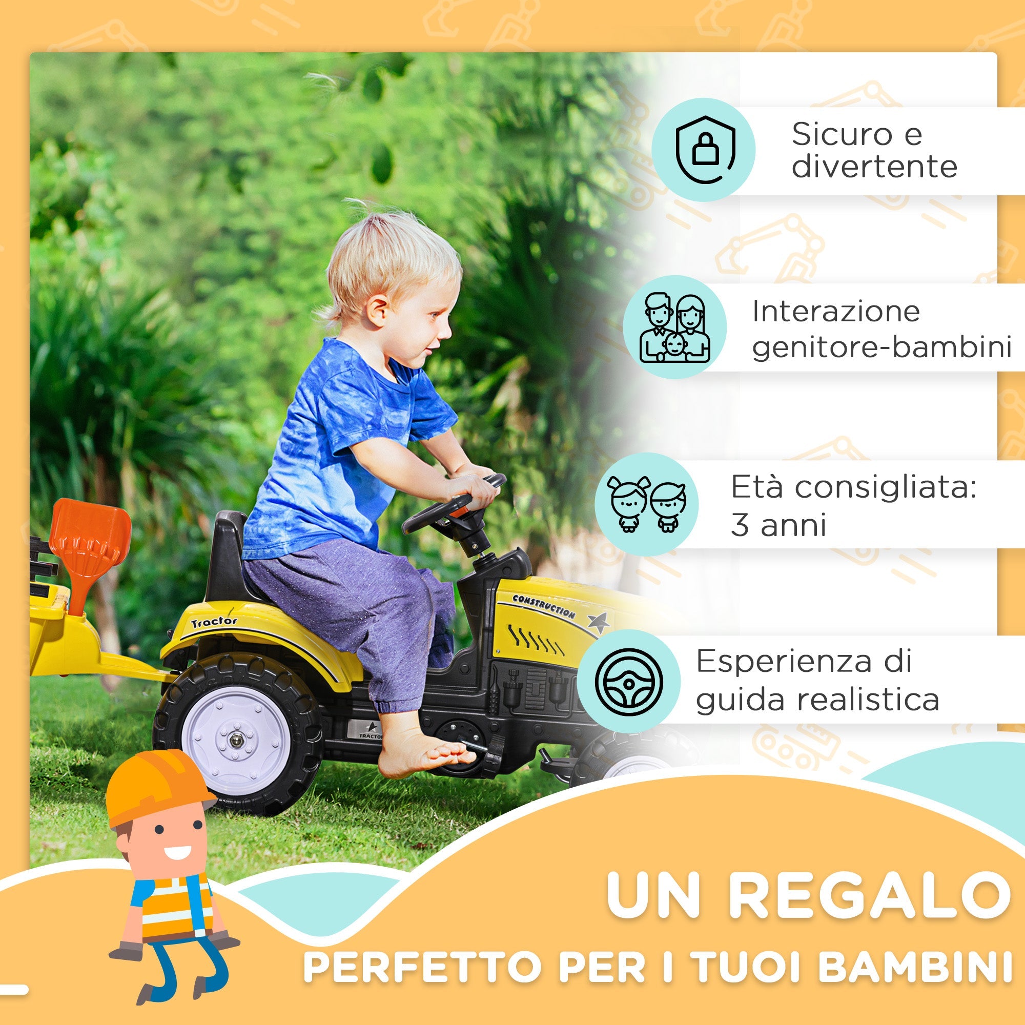 Trattore a Pedali per Bambini con Rimorchio e Accessori Giallo