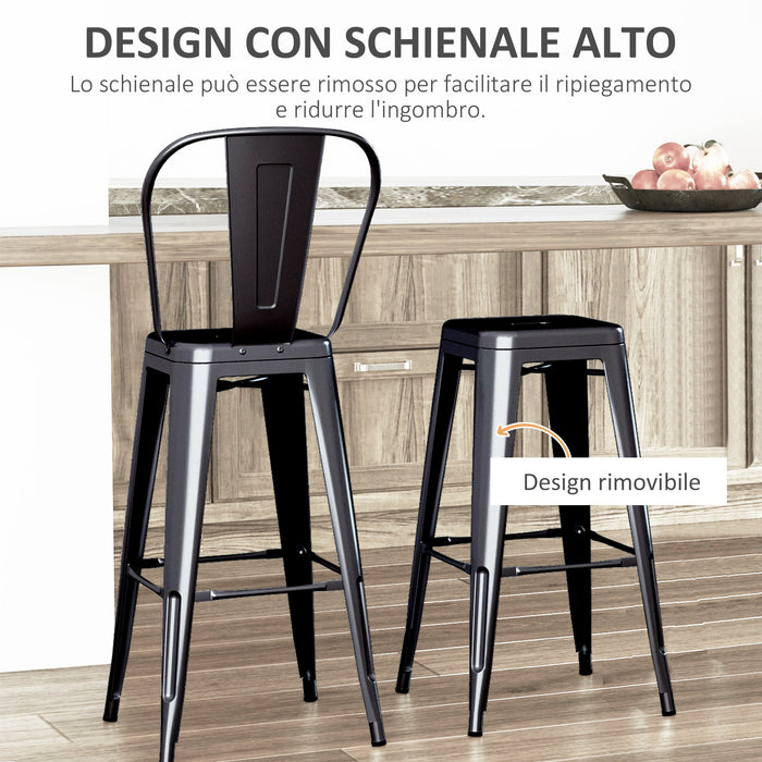 Set 2 Sgabelli da Bar Stile Industriale Schienale Rimovibile 44x49x116 cm in Metallo Nero