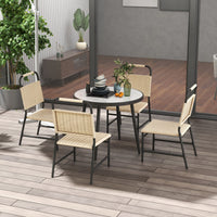 Set Tavolo Piano in Vetro Effetto Marmo e 4 Sedie da Giardino in Rattan Colore Cachi