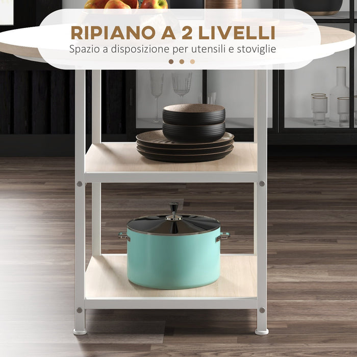 Tavolo da Pranzo 4-6 Persone Ø100x76 cm con Ripiani in Acciaio e MDF Rovere e Bianco