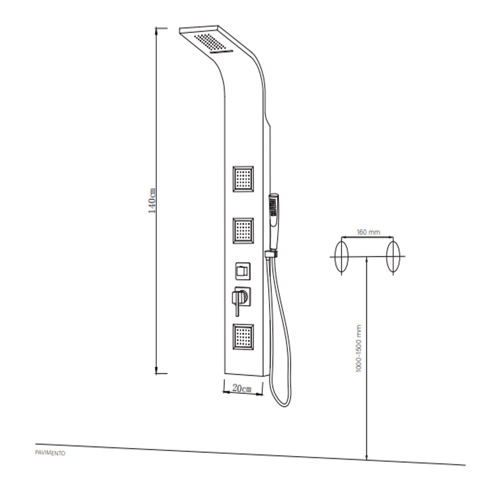 Ogomondo colonna doccia night nero opaco 3 getti idro lombari e cascata h140xl20 *** confezione 1