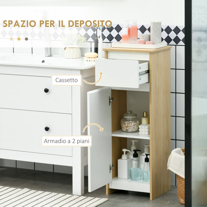 Mobile Bagno con Cassetto e Armadietto con Ripiano Regolabile Interno 32,6x30x90 cm in MDF Bianco e legno naturale