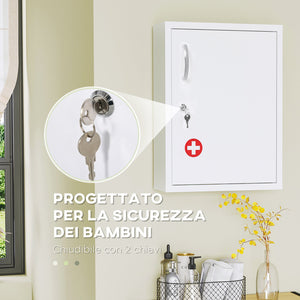 Armadietto Medicinali a 3 Ripiani con Serratura e 2 Chiavi 40x15x53,5 cm in Acciaio Bianco