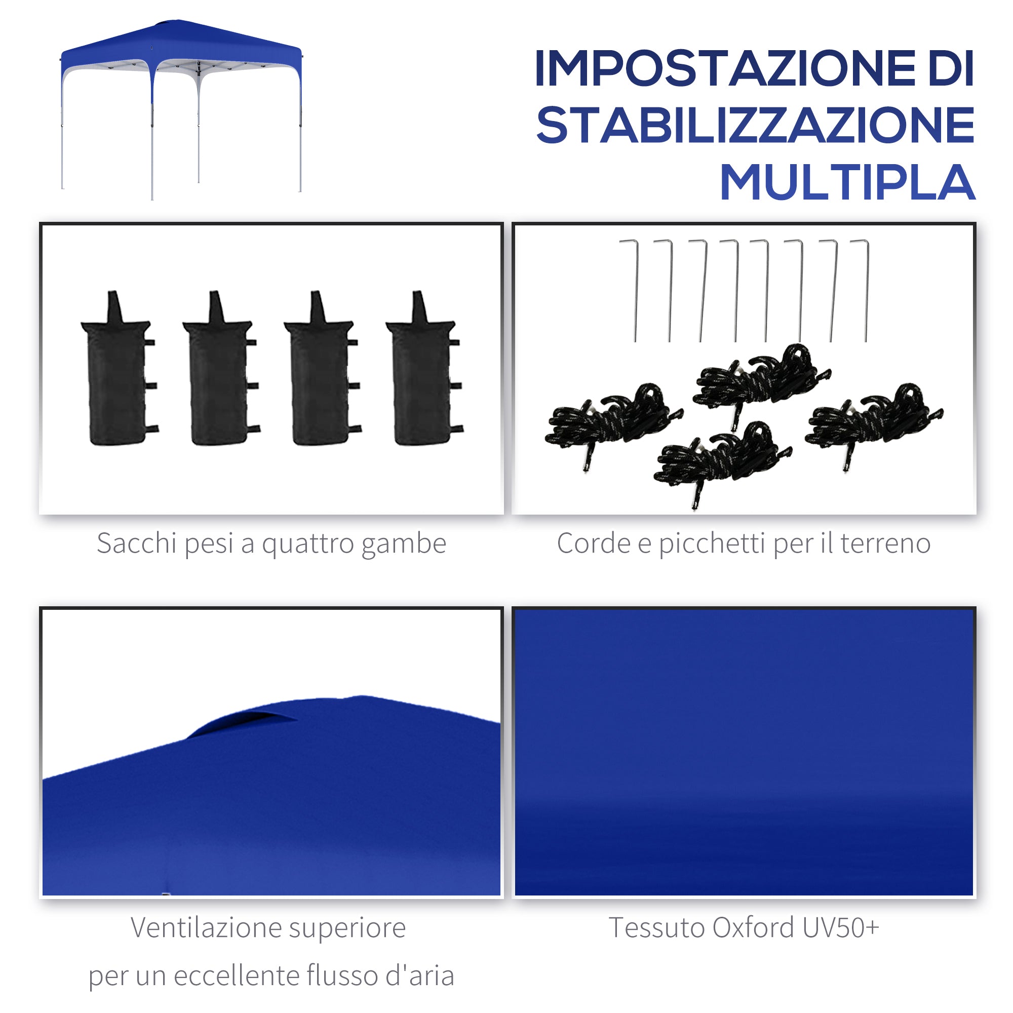 Gazebo Pieghevole 2.5x2.5 m con Altezza Regolabile Sacchetti di Sabbia e Borsa con Ruote Blu