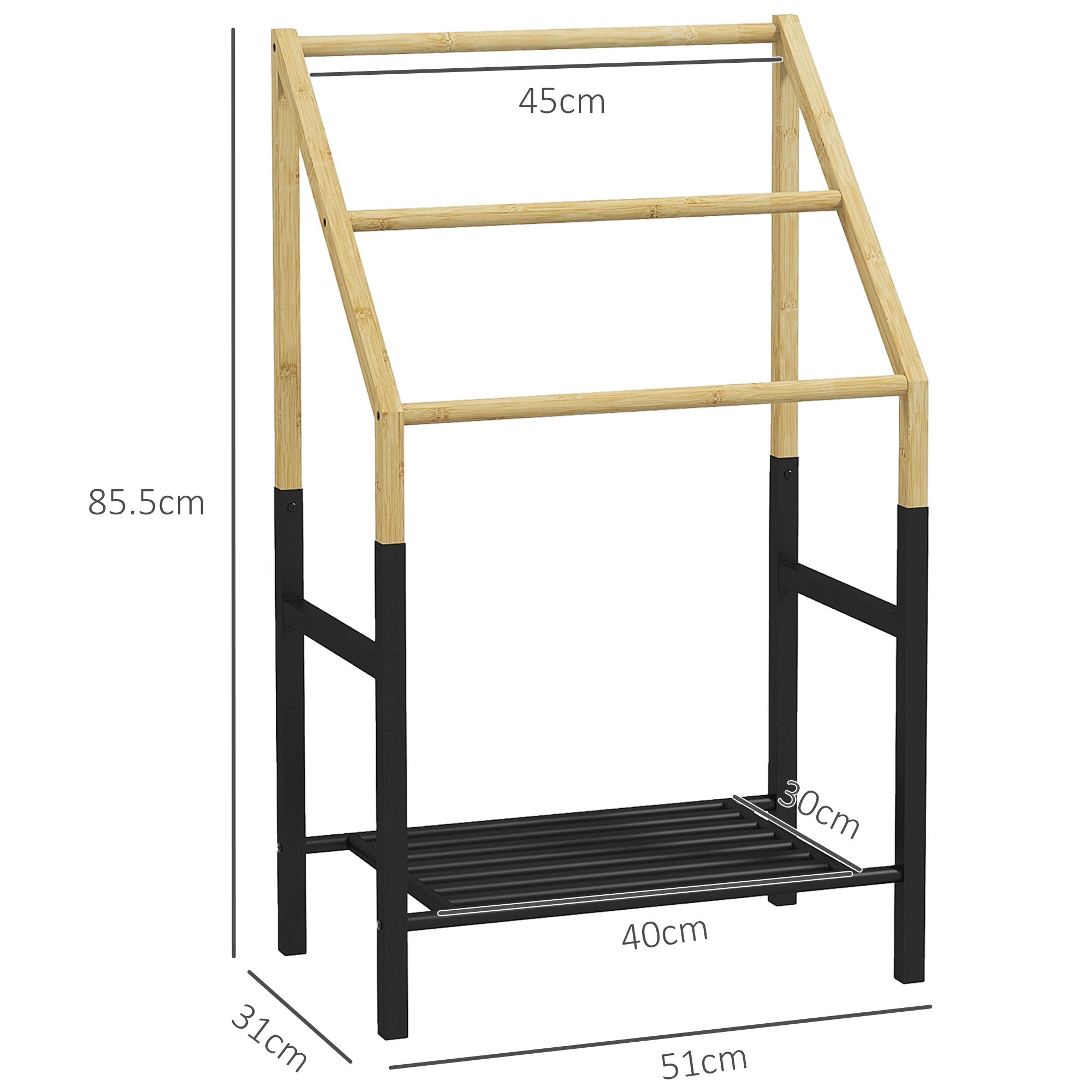 Piantana Portasciugamani da Bagno da Terra 3 Barre e Ripiano Inferiore 51x31x85,5 cm in Bambù e Acciaio Nero