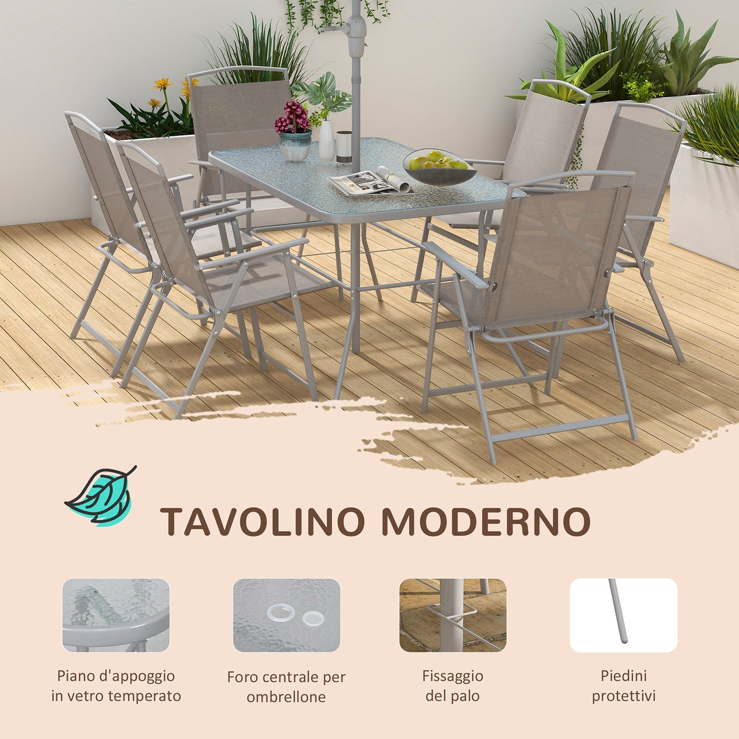 Set Tavolo con Top in Vetro 6 Sedie Pieghevoli e Ombrellone a Manovella da Giardino in Metallo e Rete Grigio