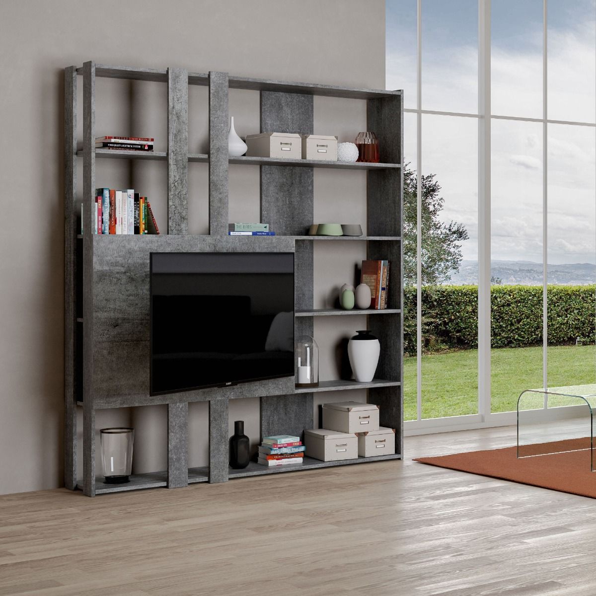 Libreria Moderna 5 Ripiani con Pannello per TV 178x36x204 cm in nobilitato Grigio