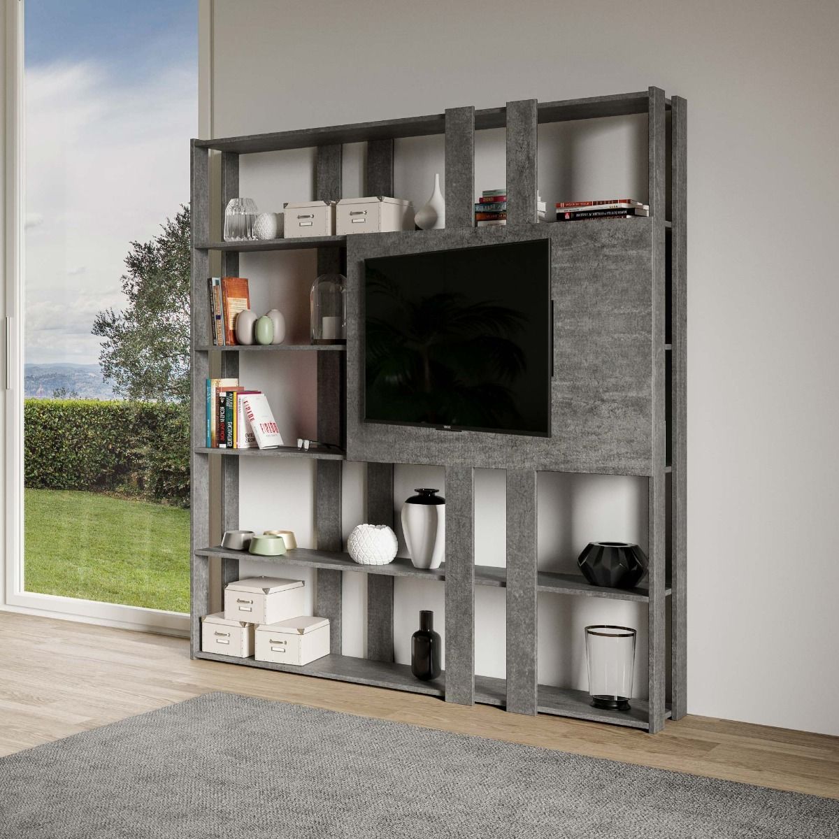 Libreria Moderna 5 Ripiani con Pannello per TV 178x36x204 cm in nobilitato Grigio