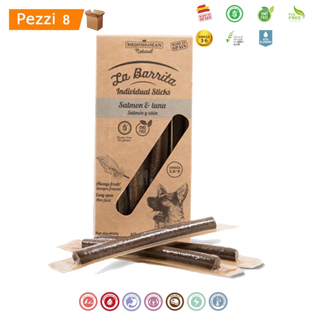 Multipack da 8 scatole la barrita snack per cani salmone & tonno 12 barrette da 150 gr