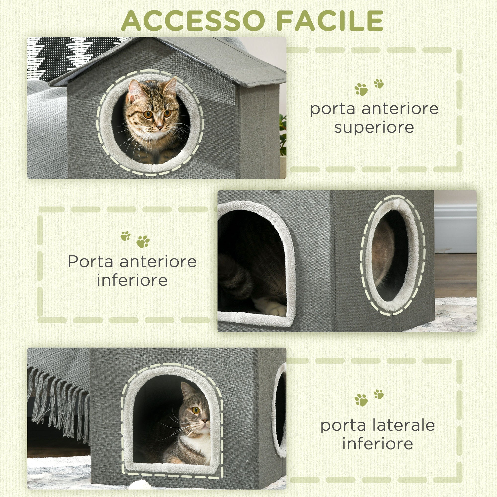 Casetta per Gatti a Due Livelli 42x46x59,5 cm 3 Entrate con Cuscini Verde