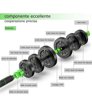 Kit 2in1 Bilanciere + Manubri Con Pesi Regolabili Componibili Palestra Tot 10 Kg         