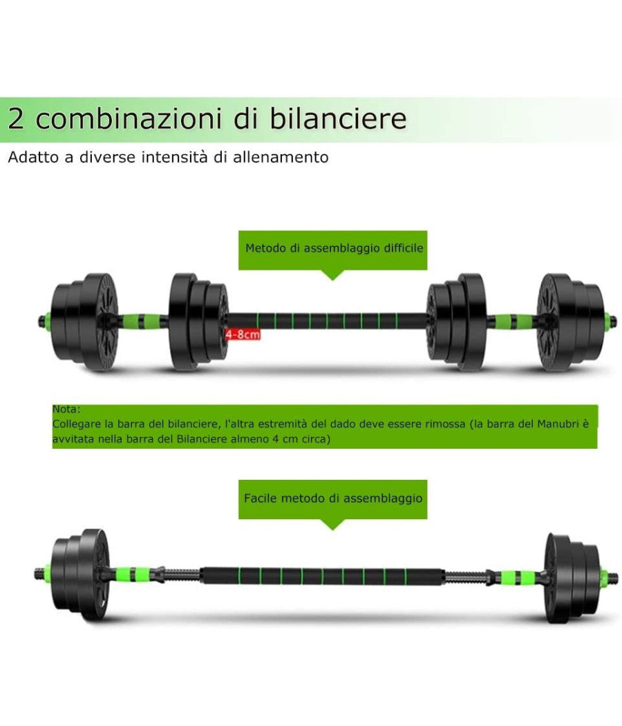 Kit 2in1 Bilanciere + Manubri Con Pesi Regolabili Componibili Palestra Tot 10 Kg         