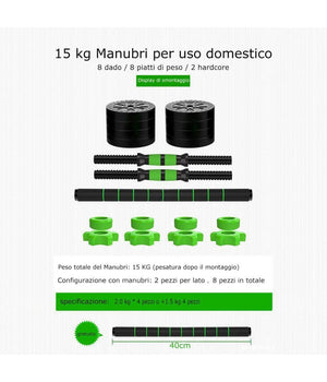 Kit 2in1 Bilanciere + Manubri Con Pesi Regolabili Componibili Palestra Tot 15 Kg         