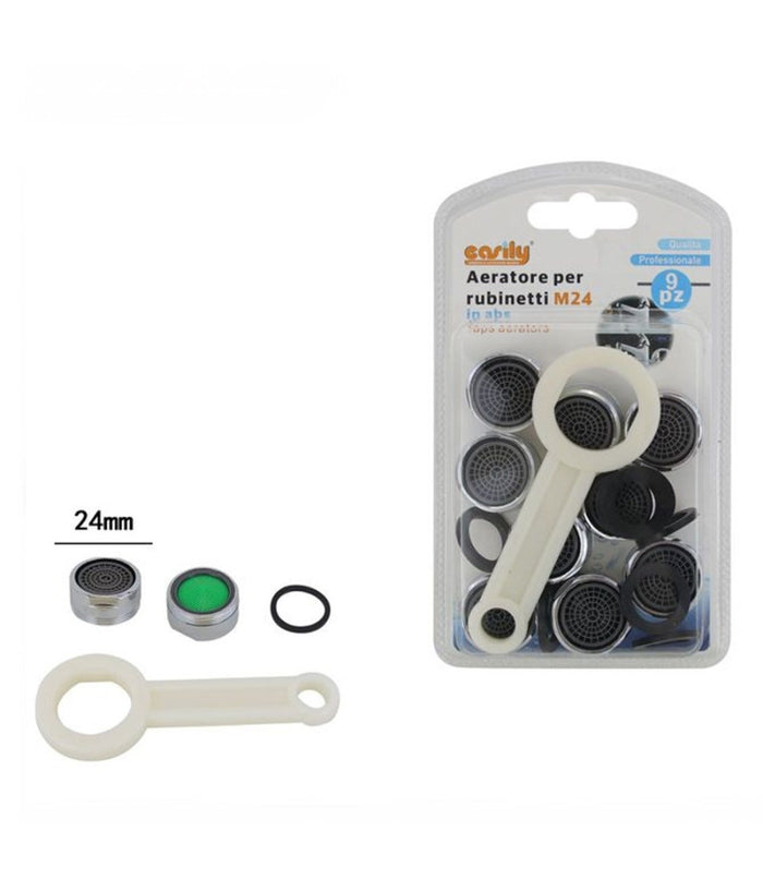 Kit 9pz Aeratori Per Rubinetto M24 In Abs 24mm Chiave Serraggio Guarnizioni 59031         