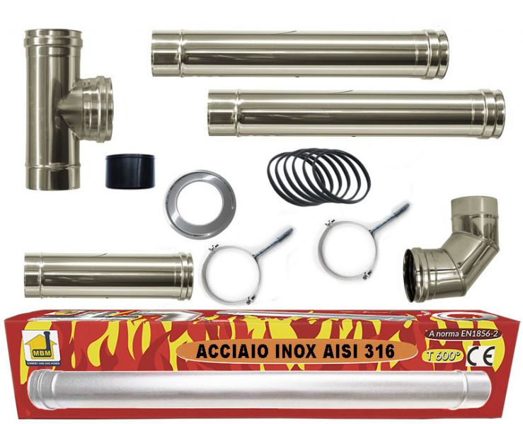 kit INOX tubi canna fumaria stufa pellet dn 80 tubo acciaio 316 no nero 600 CE Made in Italy UNI 1856-2