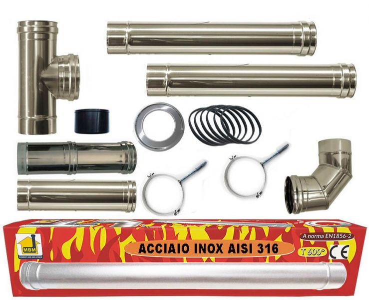 kit INOX tubi canna fumaria stufa pellet dn 80 tubo acciaio 316 regolabile 600 CE Made in Italy UNI 1856-2