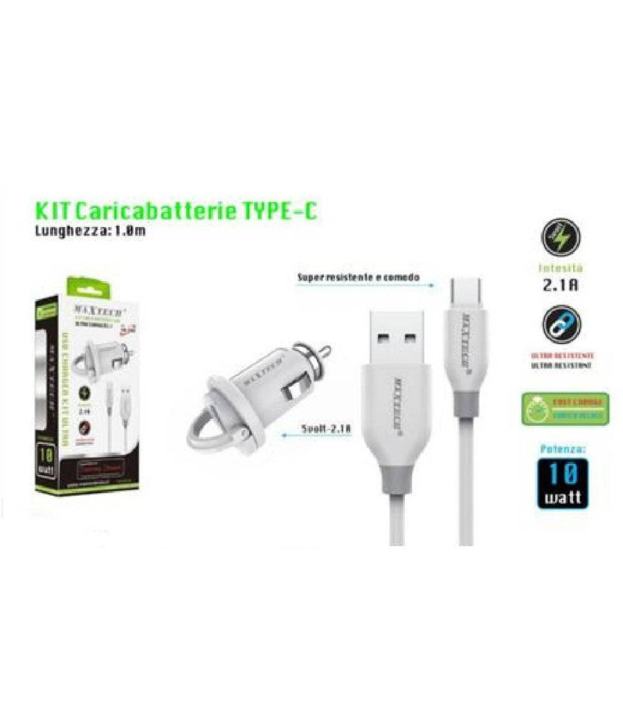 Kit Caricabatteria Auto 5v-2.1a Cavo Type-c Usb 1mt Ricarica 10w Maxtech Ma-tc02         