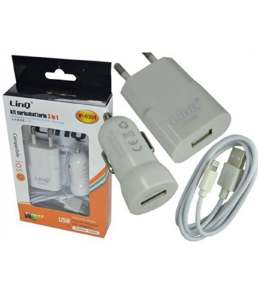 Kit Caricabatterie 3 In 1 Adattatore Auto Rete Cavo Usb Lightning 1 Mt Ip-6301         