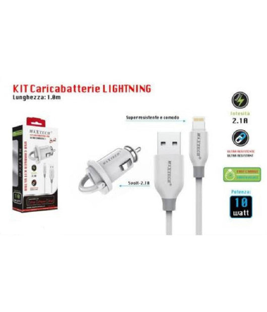 Kit Caricabatterie Lightning 1mt Ricarica Auto Cavo Dati 10 Watt Maxtech Ma-ip03         